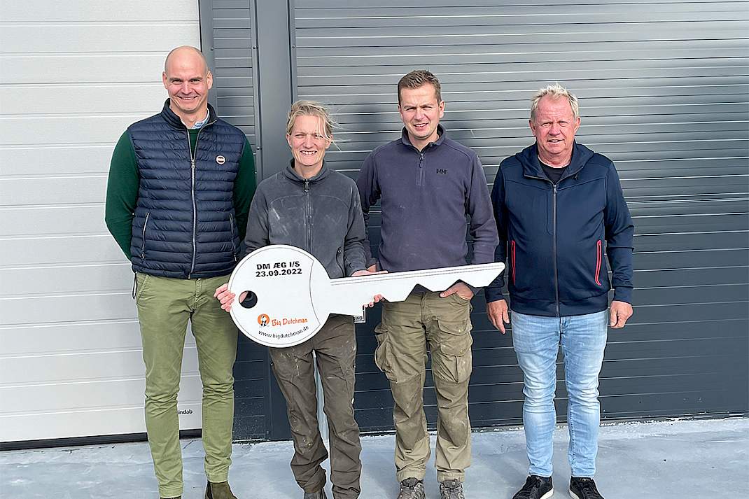 V.l.n.r.: Sebastian Dierken (Big Dutchman), Ditte en Morten Helsted, Glen Nielsen (Om GN Triova Aps)