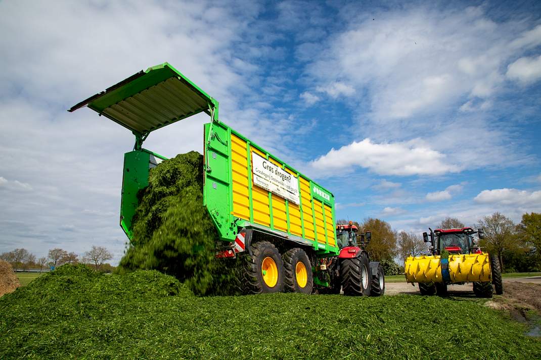 Een silagewagen lost voorjaarsgras op een kuil