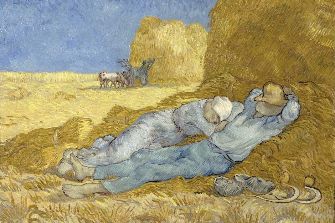 Dit is "De Siësta" (La méridienne), een olieverfschilderij van Vincent van Gogh uit 1889-1890, dat twee boeren toont die rusten in een korenveld.
