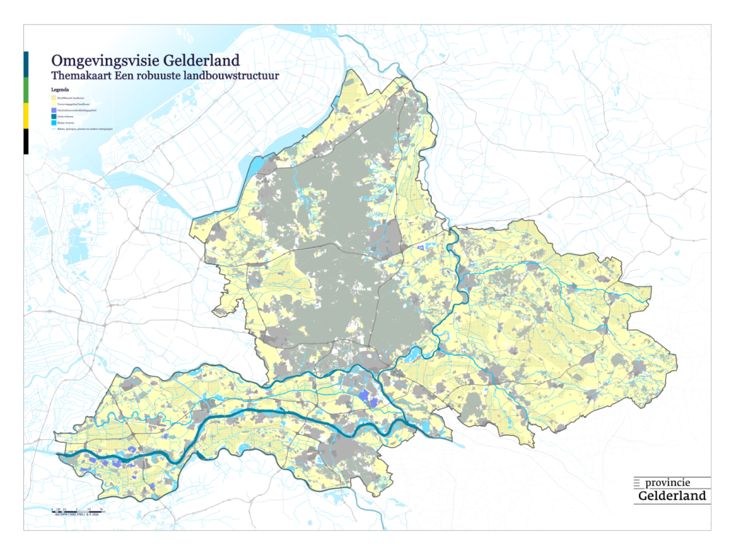 Kaart van de provincie, met landbouw- en verwevingsgebieden ingekleurd.