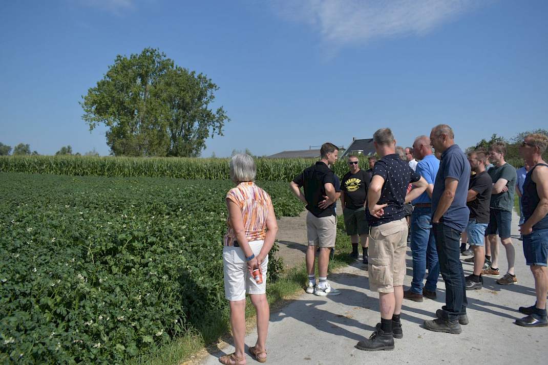 Akkerbouwers en melkveehouders bekijken perceel aardappelen.