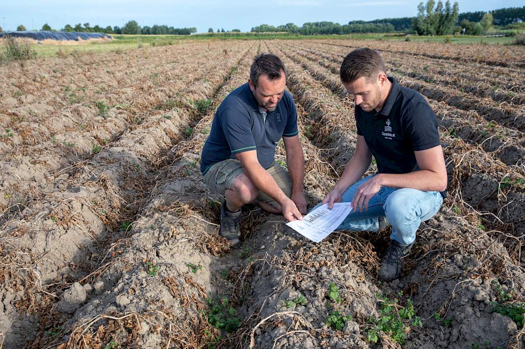Twee mannen inspecteren bodem op landbouwperceel