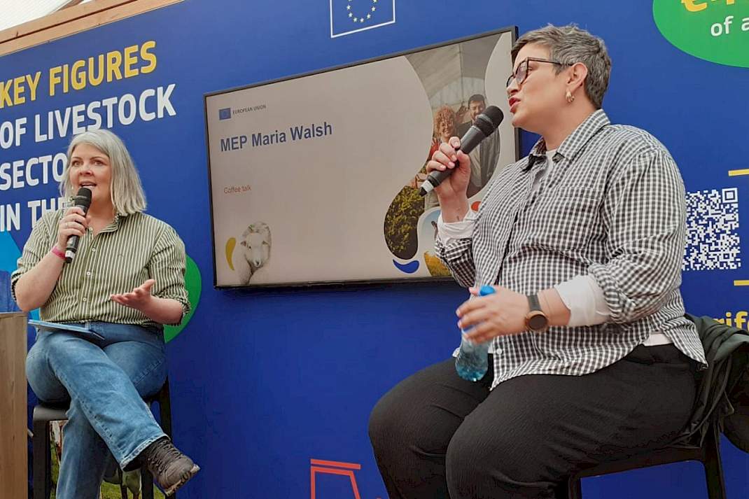 Maria Walsh in gesprek met bezoekers van de nationale ploegkampioenschappen in Ierland.