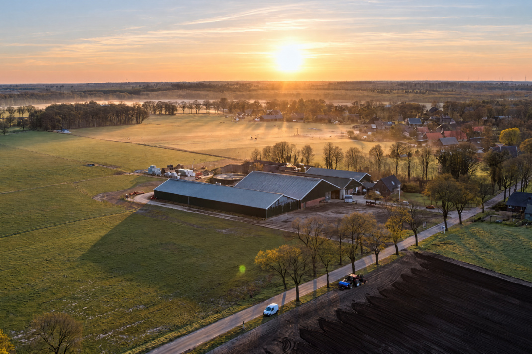 Luchtfoto van een agrarisch erf bij zonsopkomst, omringd door weilanden en bomen.