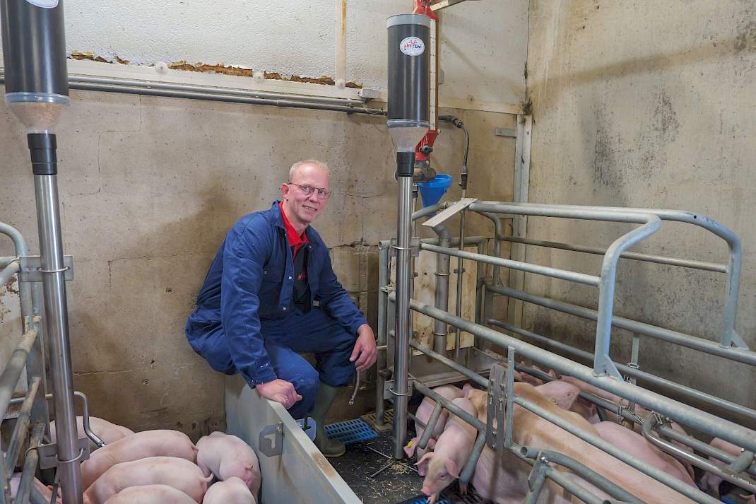 Herbert Dimmendaal bij de biggen in het kraamhok