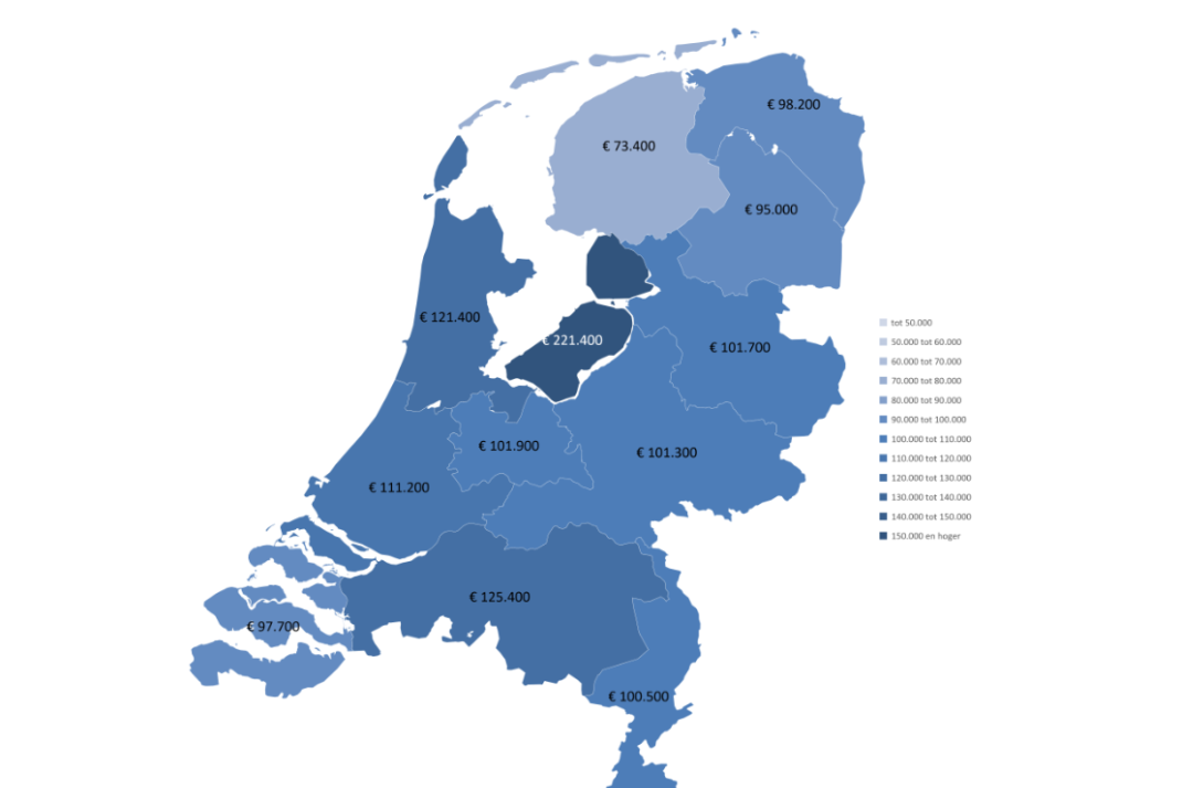 Kaart met de gemiddelde agrarische grondprijs per provincie